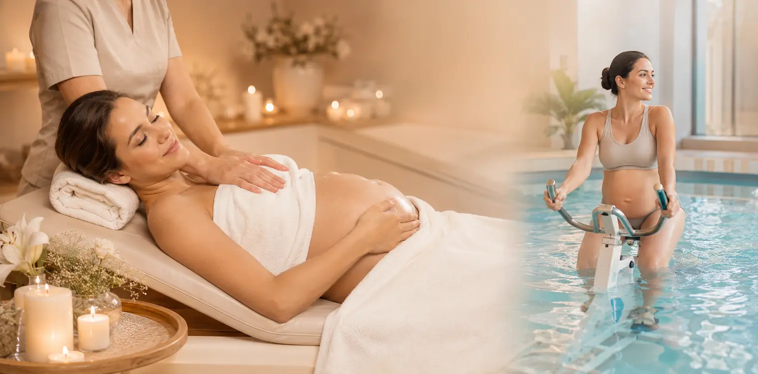 Mulher grávida durante uma massagem pré-natal e mulher a praticar Aquabiking