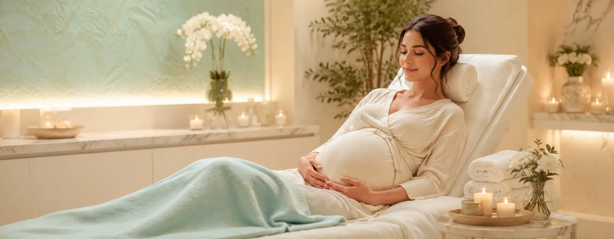 Mulher grávida a relaxar num ambiente de bem-estar pré-natal na H2o Estética Leiria