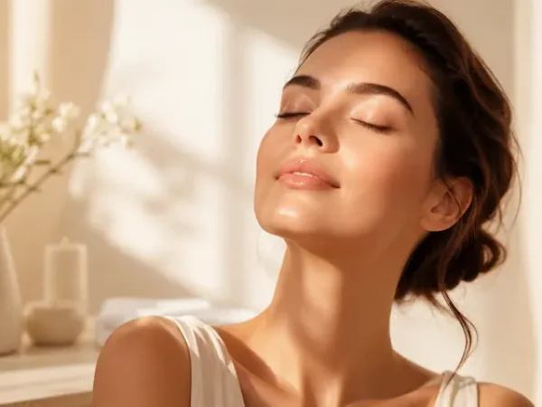 Mulher a relaxar num ambiente de beleza e bem-estar na H2o Estética Leiria