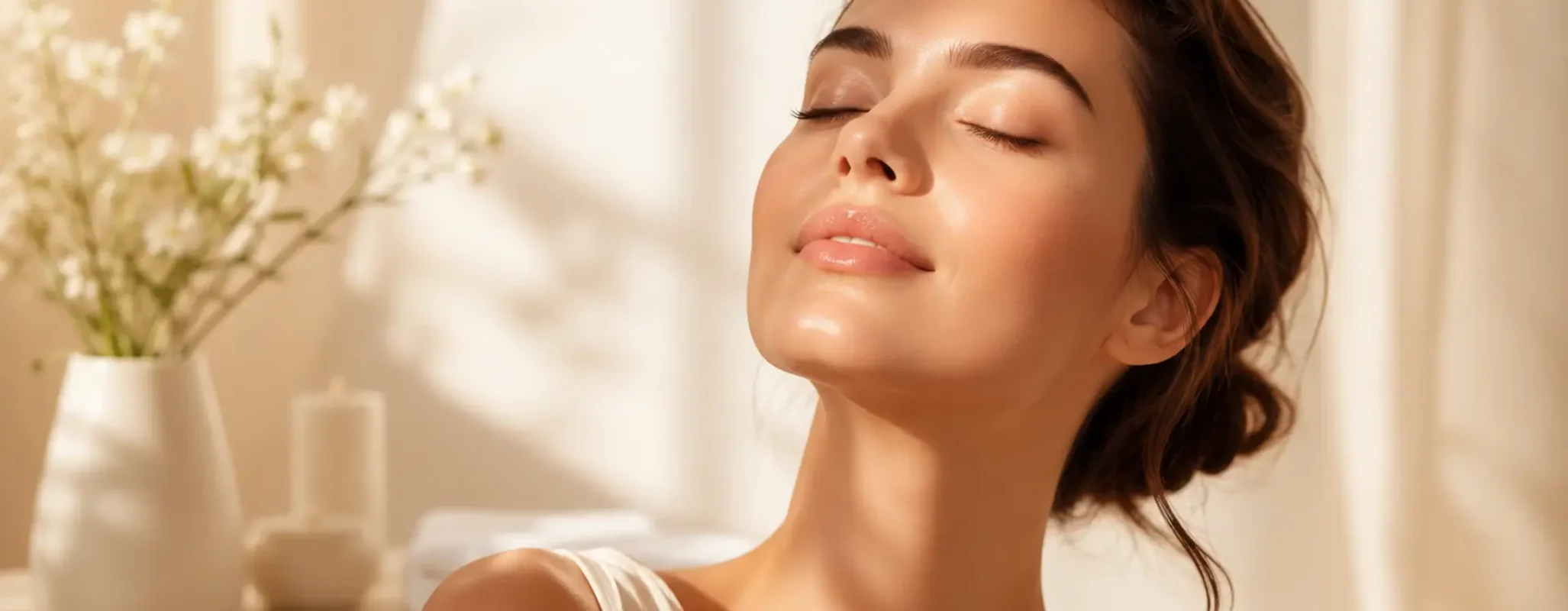 Mulher a relaxar num ambiente de beleza e bem-estar na H2o Estética Leiria
